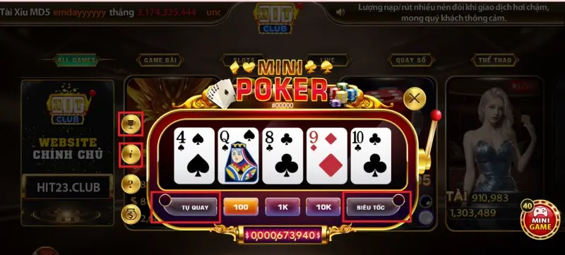 Các tính năng sử dụng trong game Mini Poker Hit Club